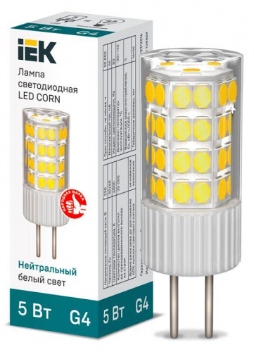 Лампа светодиодная Corn 5Вт капсульная 4000К нейтр. бел. G4 230В керамика IEK LLE-Corn-5-230-40-G4 в Максэлектро